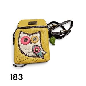 Chala Handbags Owl Cell Phone Crossbody Purse Mustard Yellow Vegan Leather Bag